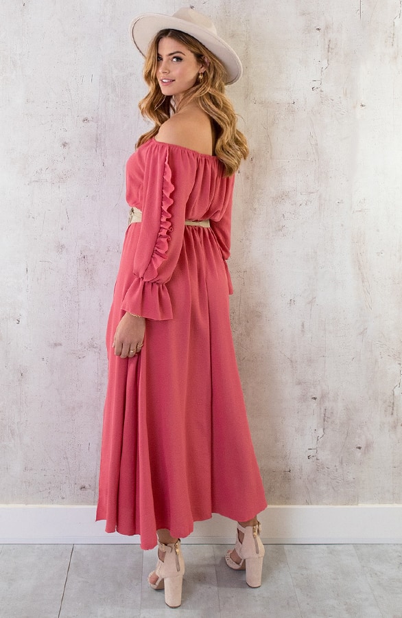 Maxi Off Shoulder Ruffle Jurk Dust Roze – shoparchief, foto 5