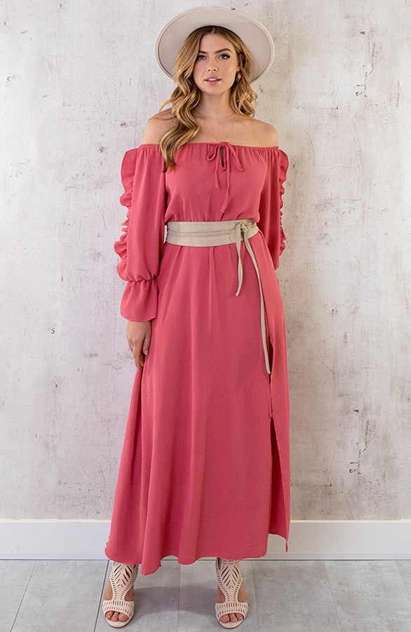 Maxi Off Shoulder Ruffle Jurk Dust Roze – shoparchief, foto 3