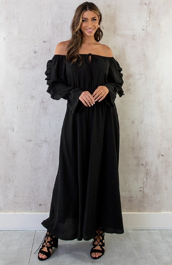 Maxi Off Shoulder Ruffle Jurk Zwart – shoparchief, foto 2