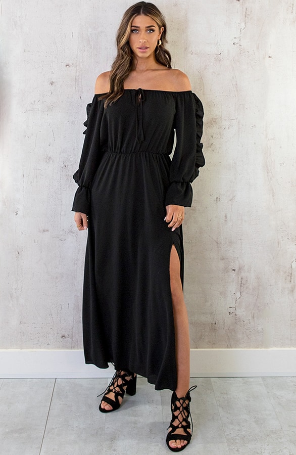 Maxi Off Shoulder Ruffle Jurk Zwart – shoparchief