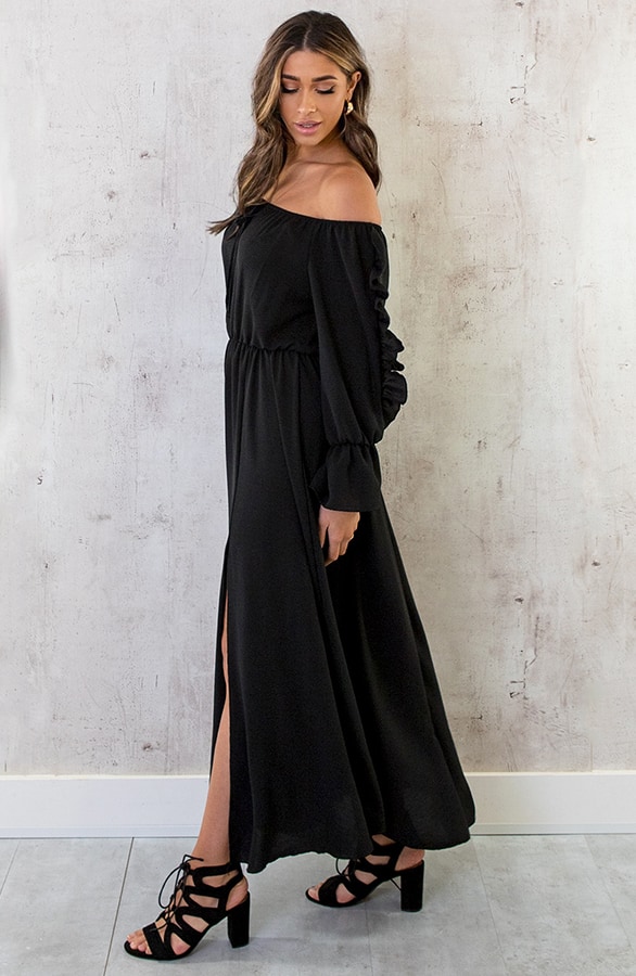 Maxi Off Shoulder Ruffle Jurk Zwart – shoparchief, foto 3