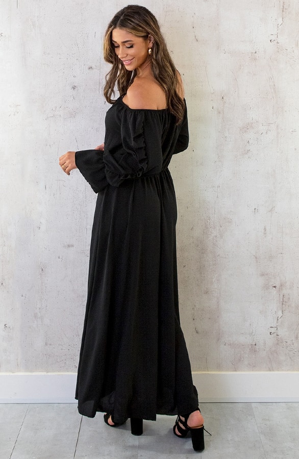 Maxi Off Shoulder Ruffle Jurk Zwart – shoparchief, foto 4