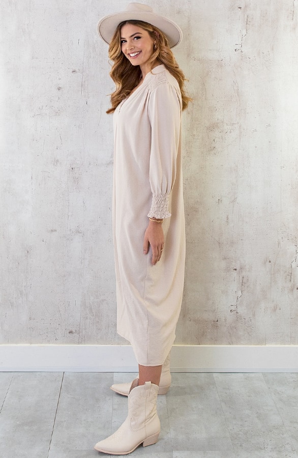 Maxi V-Hals Jurk Beige – shoparchief, foto 4