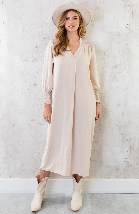 Maxi V-Hals Jurk Beige – shoparchief