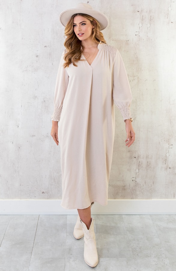 Maxi V-Hals Jurk Beige – shoparchief, foto 2