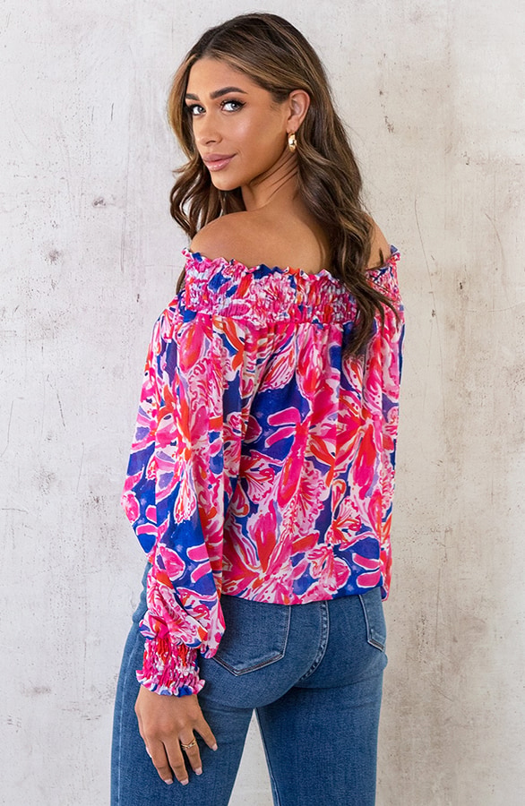 Off Shoulder Top Bloemen Roze Kobalt – shoparchief, foto 5