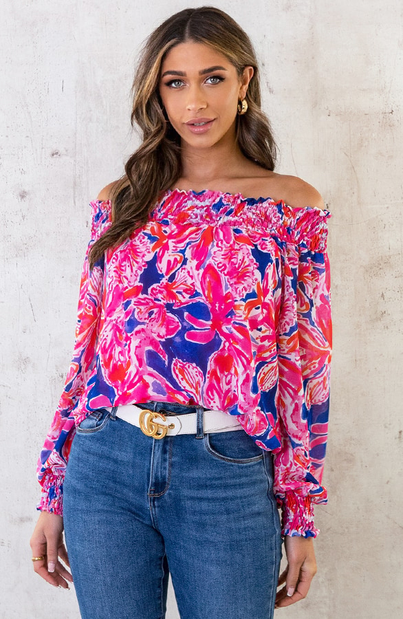 Off Shoulder Top Bloemen Roze Kobalt – shoparchief, foto 2