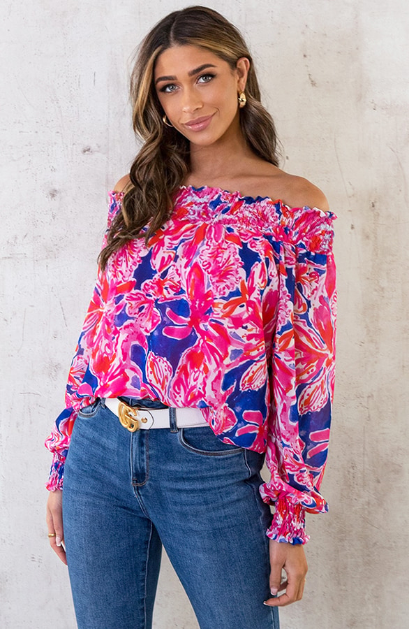 Off Shoulder Top Bloemen Roze Kobalt – shoparchief