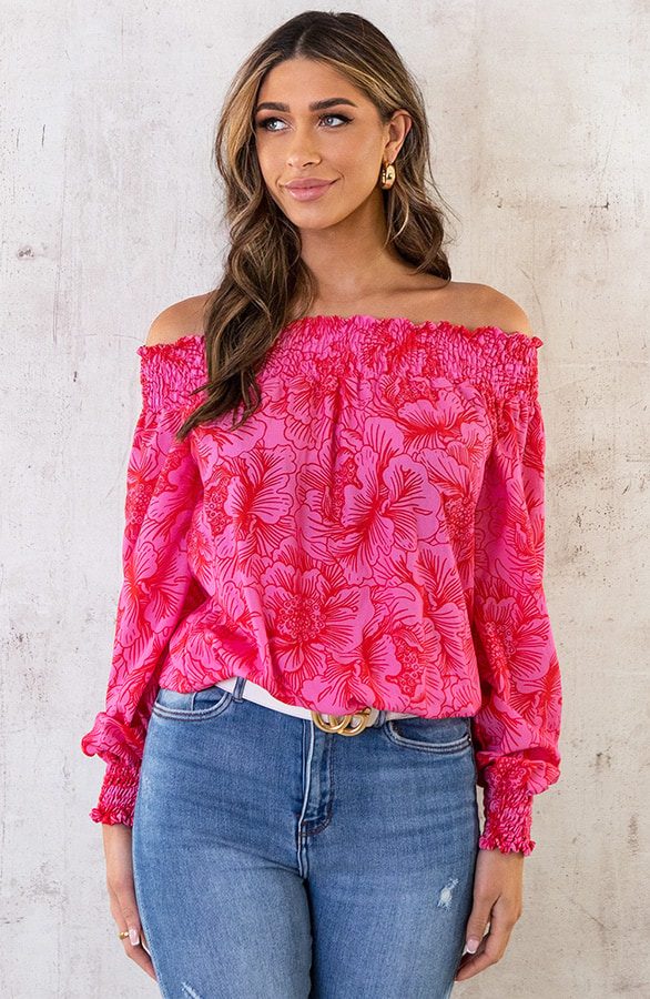Off Shoulder Top Bloemen Roze Rood – shoparchief, foto 2