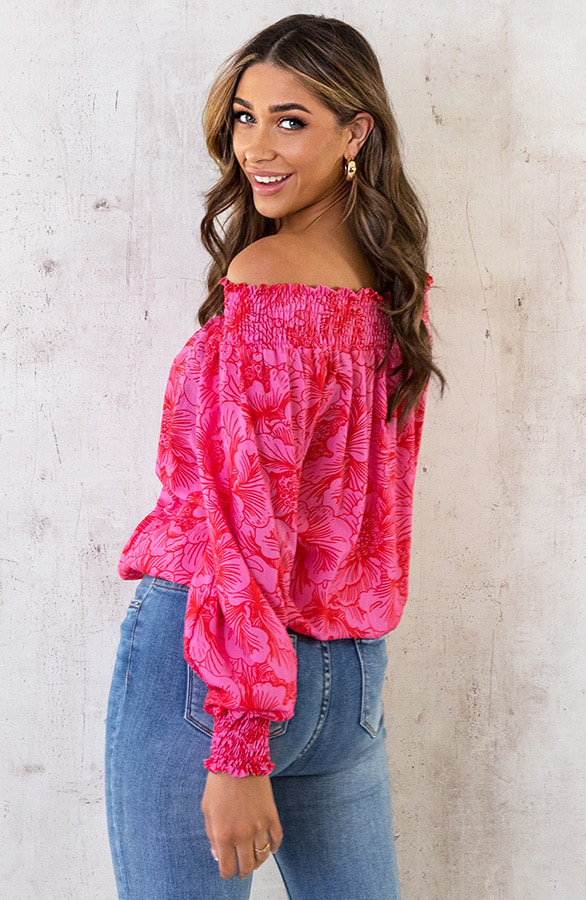 Off Shoulder Top Bloemen Roze Rood – shoparchief, foto 4