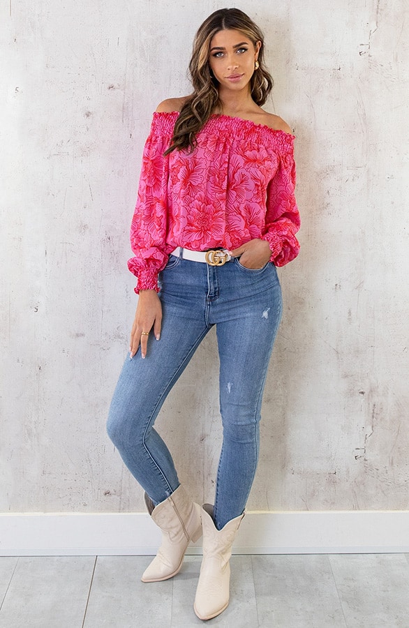 Off Shoulder Top Bloemen Roze Rood – shoparchief, foto 5