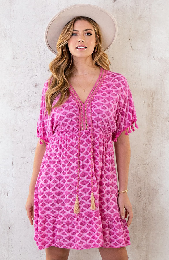 Oversized Jurk Gouden Detail Print Fuchsia – shoparchief