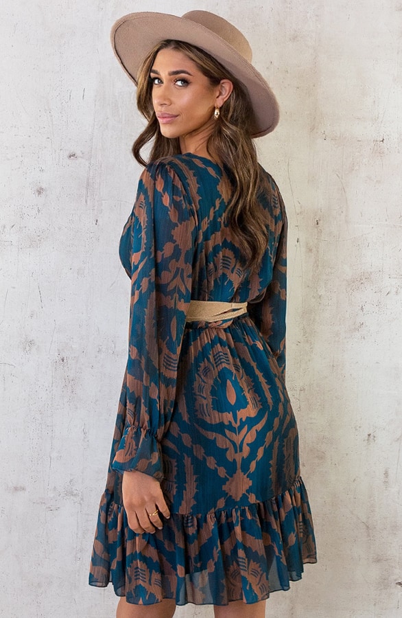Ruffle Jurk Print Petrol Bruin – shoparchief, foto 9