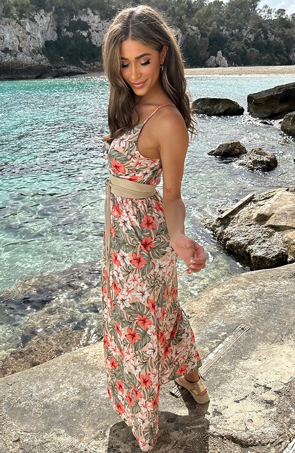 Spaghetti Maxi Jurk Bloemen Sand Koraal – shoparchief, foto 7