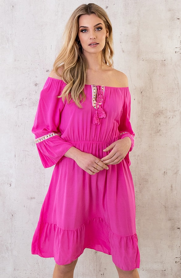 Boho Off Shoulder Jurk Fuchsia – shoparchief