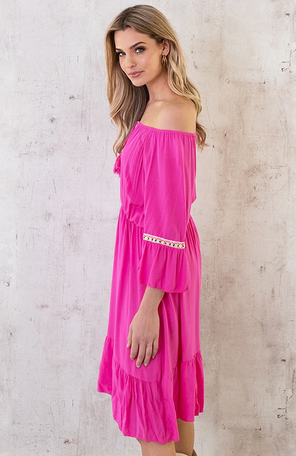 Boho Off Shoulder Jurk Fuchsia – shoparchief, foto 5
