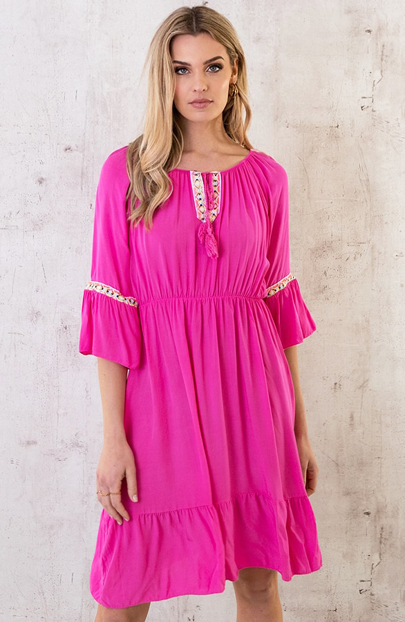 Boho Off Shoulder Jurk Fuchsia – shoparchief, foto 4