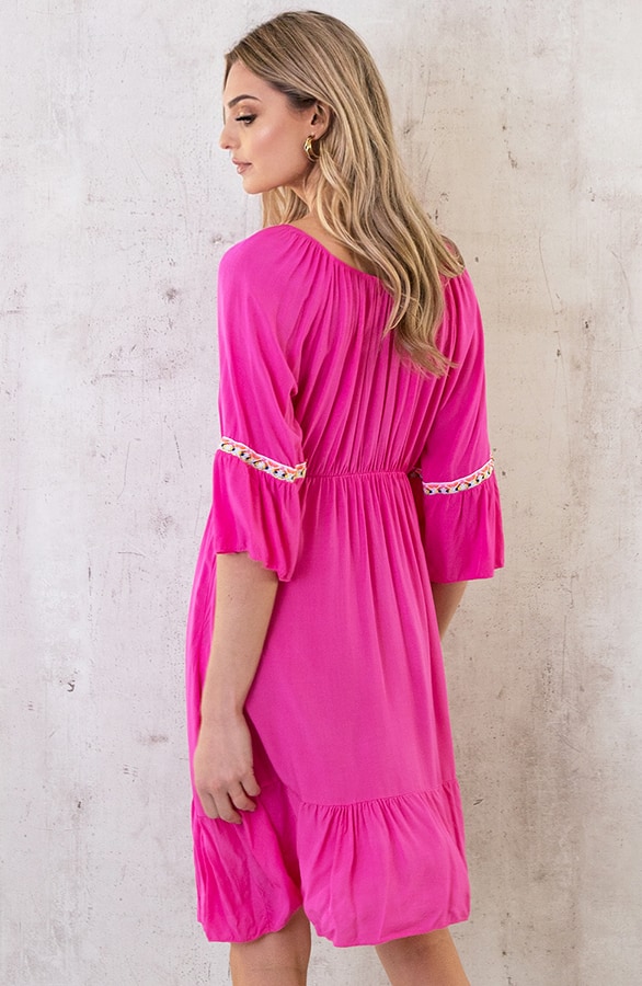 Boho Off Shoulder Jurk Fuchsia – shoparchief, foto 6