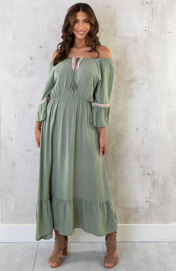 Boho Off Shoulder Maxi Jurk Army – shoparchief, foto 2