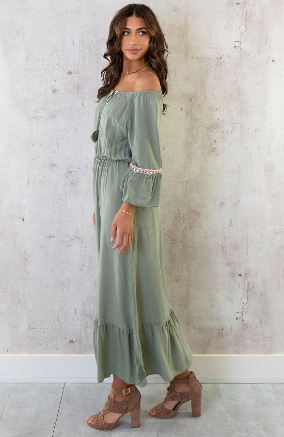 Boho Off Shoulder Maxi Jurk Army – shoparchief, foto 3