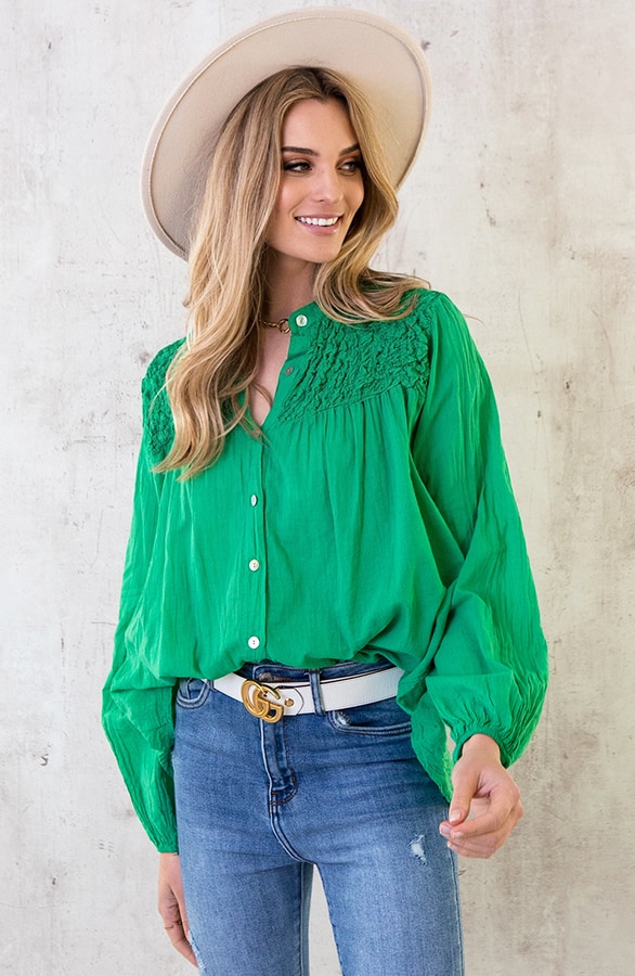 Katoenen Oversized Detail Blouse Bright Green – shoparchief, foto 2