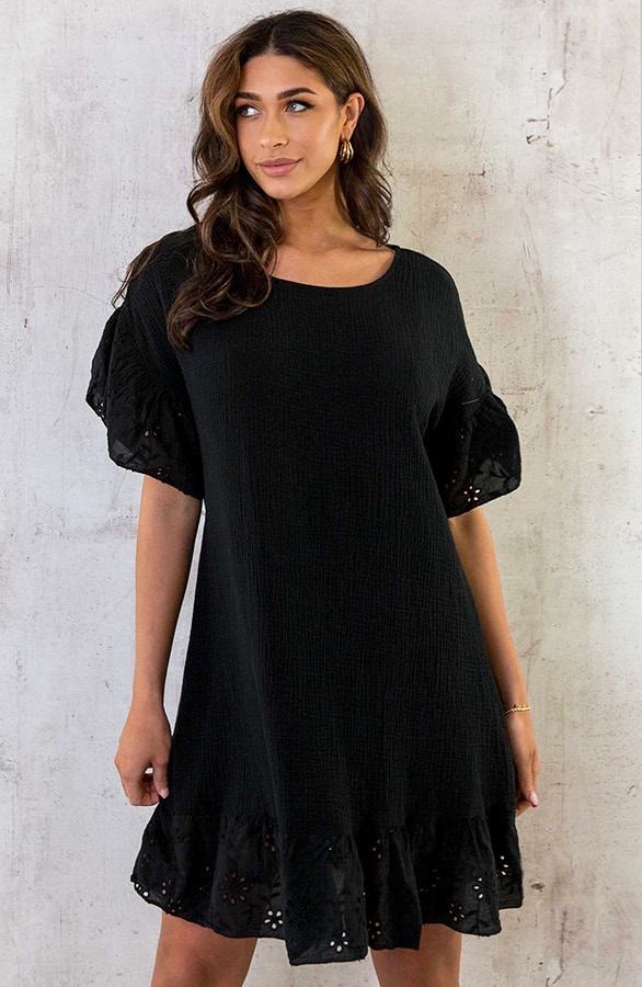 Mousseline Embroidery Oversized Jurk Zwart – shoparchief, foto 8