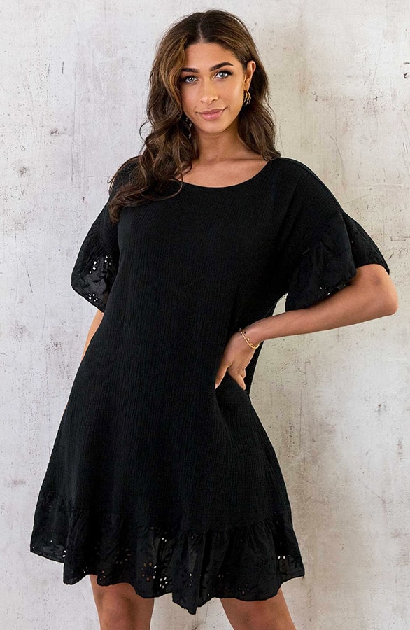 Mousseline Embroidery Oversized Jurk Zwart – shoparchief, foto 7