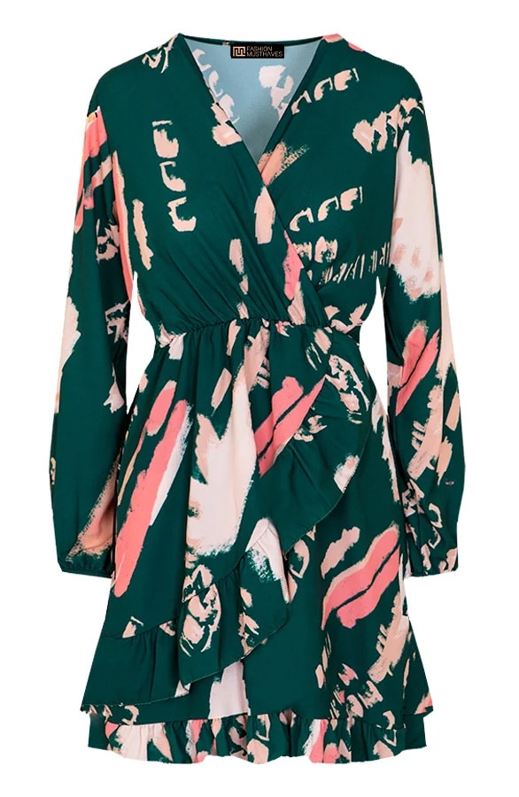 Overslag Print Jurk Zwart Smaragd – shoparchief