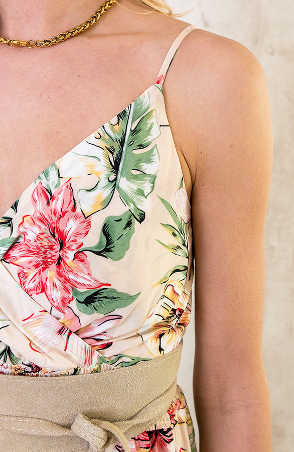 Spaghetti Maxi Jurk Bloemen Palm Beige – shoparchief, foto 6