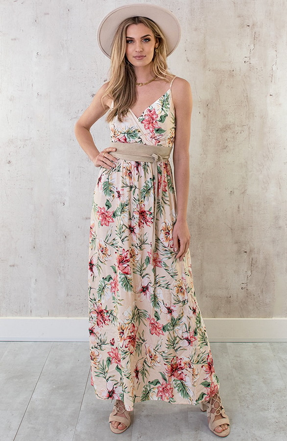 Spaghetti Maxi Jurk Bloemen Palm Beige – shoparchief, foto 2