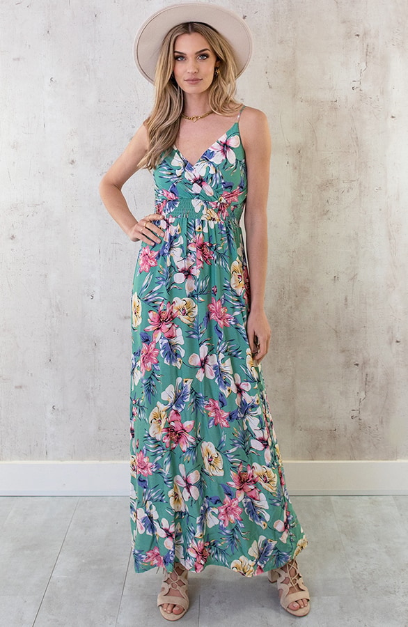 Spaghetti Maxi Jurk Bloemen Palm Mint – shoparchief, foto 2