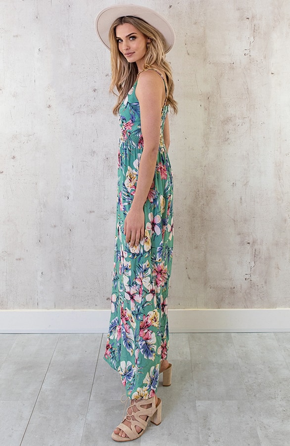 Spaghetti Maxi Jurk Bloemen Palm Mint – shoparchief, foto 4