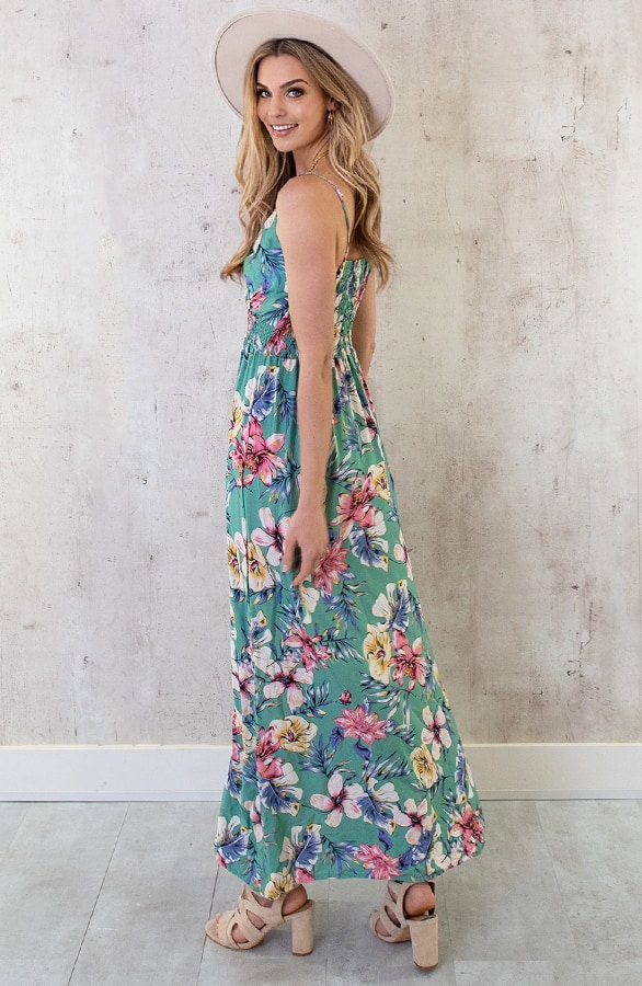 Spaghetti Maxi Jurk Bloemen Palm Mint – shoparchief, foto 5