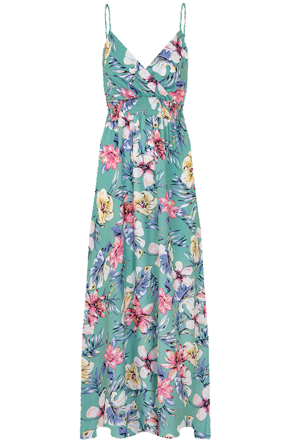 Spaghetti Maxi Jurk Bloemen Palm Mint – shoparchief