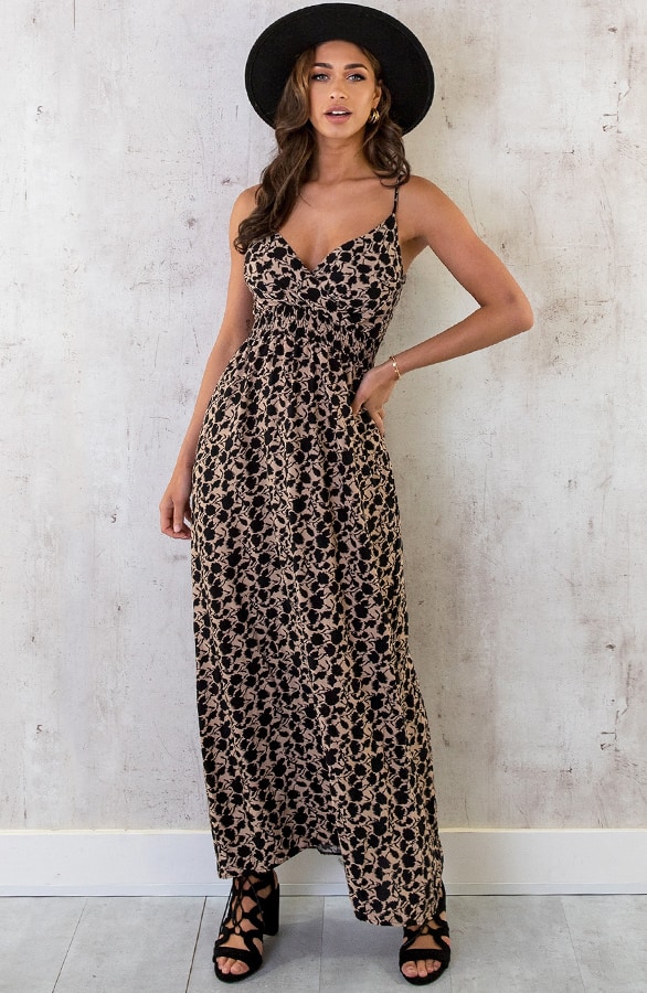 Spaghetti Maxi Jurk Print Camel Zwart – shoparchief, foto 4