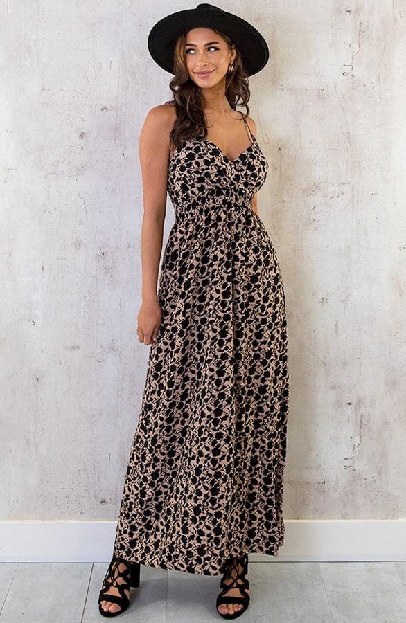 Spaghetti Maxi Jurk Print Camel Zwart – shoparchief