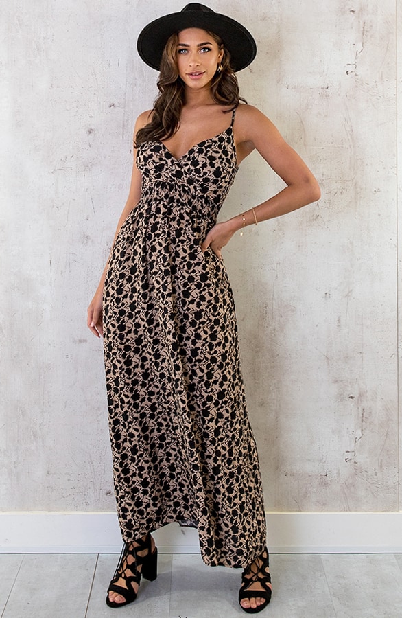 Spaghetti Maxi Jurk Print Camel Zwart – shoparchief, foto 2