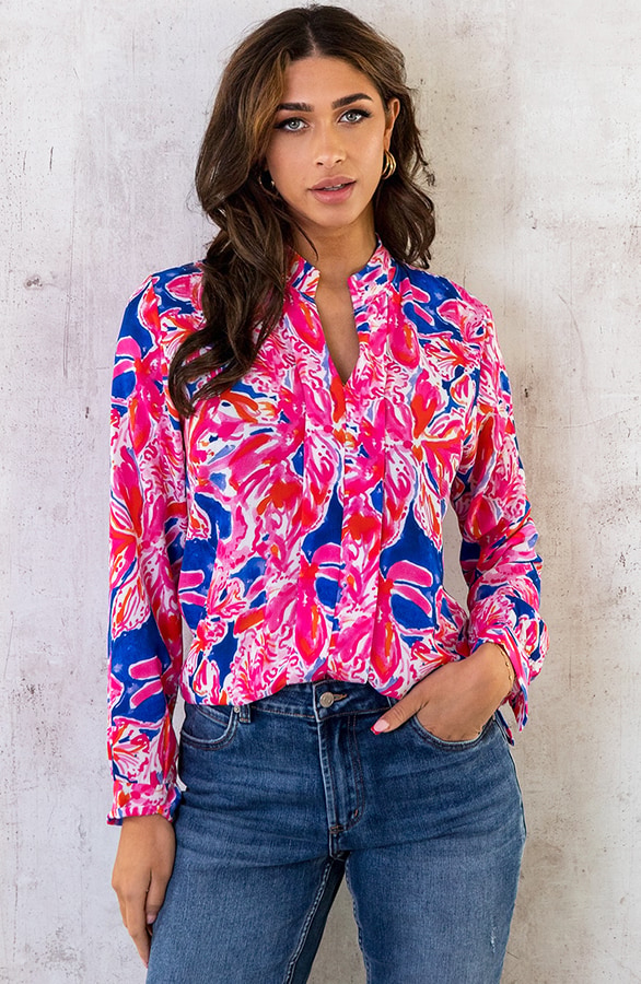 V-Hals Flower Blouse Roze Kobalt – shoparchief, foto 8