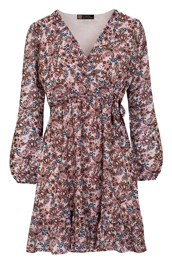 V-hals Strik Jurk Flower Beige – shoparchief