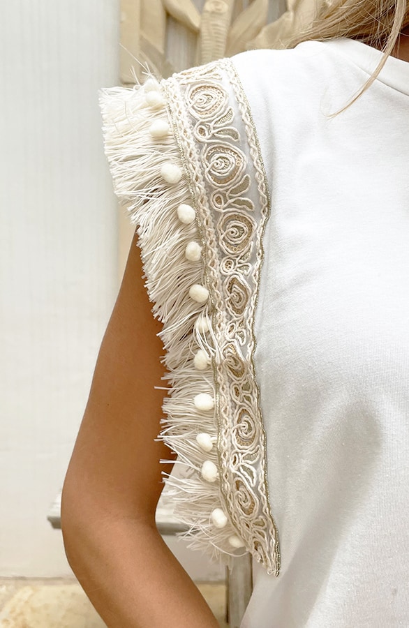 Bohemian Fringe Top Ecru Beige – shoparchief, foto 8