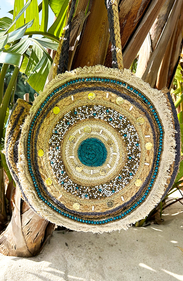 Boho Ibiza Round Bag Beige Turquoise – shoparchief