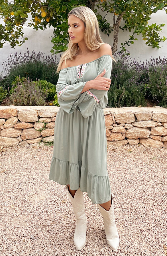 Boho Off Shoulder Jurk Army – shoparchief, foto 7