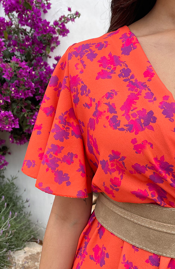 Florence Flower Print Jurk Oranje Paars – jurken, foto 8