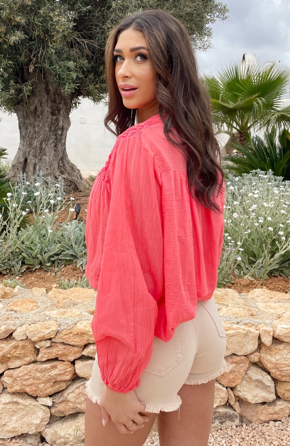 Katoenen Oversized Detail Blouse Koraal – shoparchief, foto 5