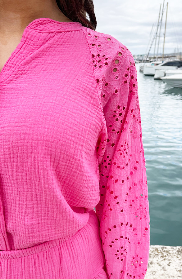 Mousseline Blouse Embroidery Fuchsia – shoparchief, foto 5