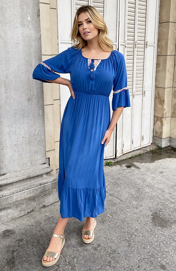 Boho Off Shoulder Maxi Jurk Kobalt – shoparchief