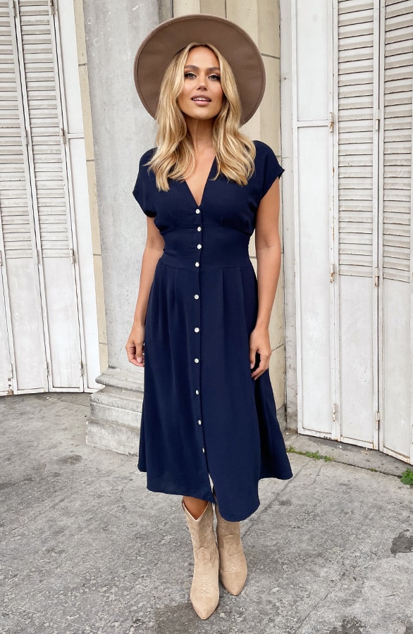 Midi Knopen Jurk Sevilla Marine – shoparchief