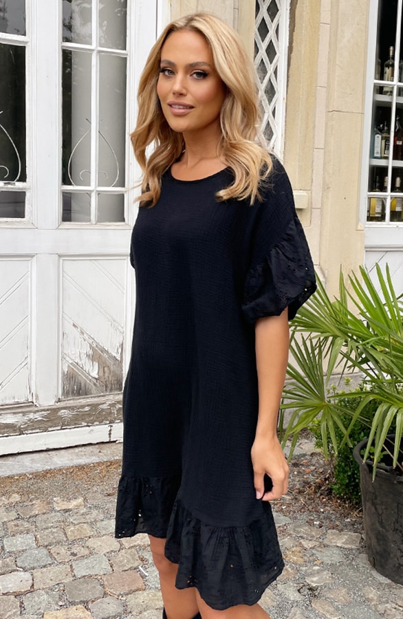 Mousseline Embroidery Oversized Jurk Zwart – shoparchief, foto 3