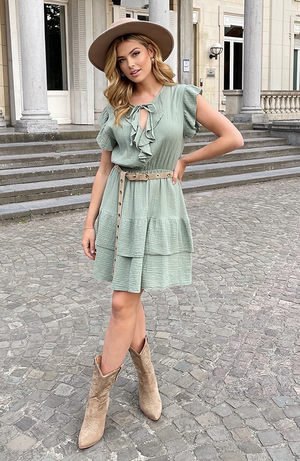 Ruffle Laagjes Jurk Mousseline Army – shoparchief, foto 4