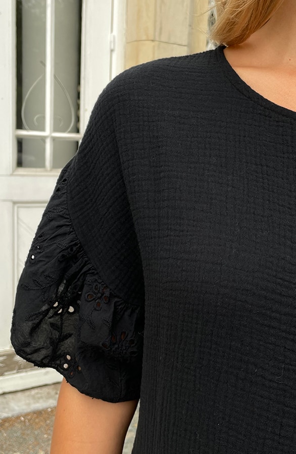 Mousseline Embroidery Oversized Jurk Zwart – shoparchief, foto 6